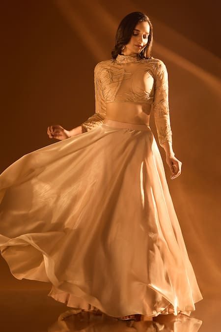 Shop Samyukta Singhania Off White Net, Satin Sequins, Cut Work, Glass Embroidered Blouse Lehenga Set Online at Aza Fashions Shop_Samyukta Singhania_Off White Net, Satin Sequins, Cut Work, Glass Embroidered Blouse Lehenga Set _Online_at_Aza_Fashions