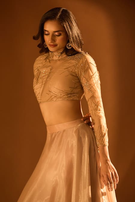 Shop Samyukta Singhania Off White Net, Satin Sequins, Cut Work, Glass Embroidered Blouse Lehenga Set Shop_Samyukta Singhania_Off White Net, Satin Sequins, Cut Work, Glass Embroidered Blouse Lehenga Set