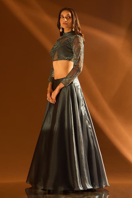 Samyukta Singhania Grey Net, Satin Embroidery, Sequins, Beads Glass And Cutdana Blouse Lehenga Set Online at Aza Fashions Samyukta Singhania_Grey Net, Satin Embroidery, Sequins, Beads Glass And Cutdana Blouse Lehenga Set _Online_at_Aza_Fashions