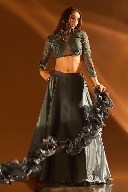 Buy Samyukta Singhania Grey Net, Satin Embroidery, Sequins, Beads Glass And Cutdana Blouse Lehenga Set Online at Aza Fashions Buy_Samyukta Singhania_Grey Net, Satin Embroidery, Sequins, Beads Glass And Cutdana Blouse Lehenga Set _Online_at_Aza_Fashions