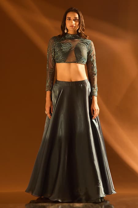 Buy Samyukta Singhania Grey Net, Satin Embroidery, Sequins, Beads Glass And Cutdana Blouse Lehenga Set Buy_Samyukta Singhania_Grey Net, Satin Embroidery, Sequins, Beads Glass And Cutdana Blouse Lehenga Set