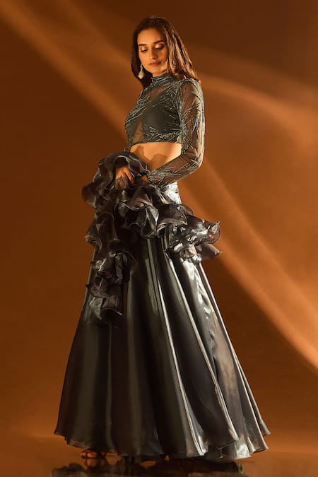 Shop Samyukta Singhania Grey Net, Satin Embroidery, Sequins, Beads Glass And Cutdana Blouse Lehenga Set Shop_Samyukta Singhania_Grey Net, Satin Embroidery, Sequins, Beads Glass And Cutdana Blouse Lehenga Set