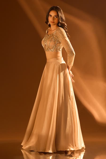 Shop Samyukta Singhania Off White Net, Satin Sequins, Beads, Cut Work Embroidered Circular Lehenga Set at Aza Fashions Shop_Samyukta Singhania_Off White Net, Satin Sequins, Beads, Cut Work Embroidered Circular Lehenga Set _at_Aza_Fashions