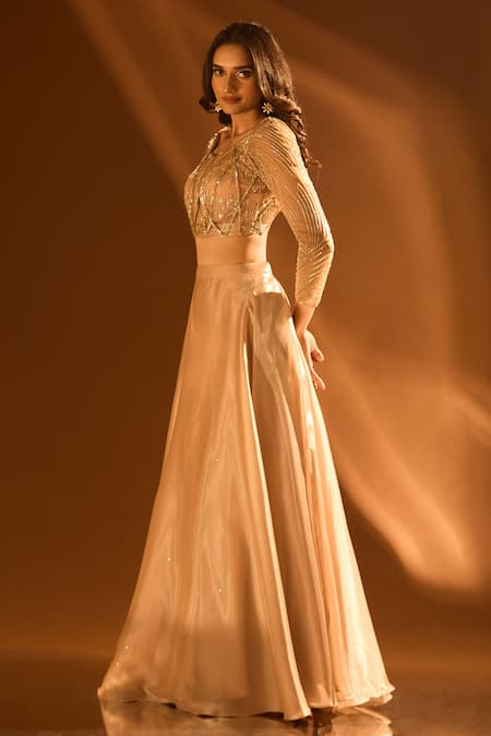 Samyukta Singhania Off White Net, Satin Sequins, Beads, Cut Work Embroidered Circular Lehenga Set Online at Aza Fashions Samyukta Singhania_Off White Net, Satin Sequins, Beads, Cut Work Embroidered Circular Lehenga Set _Online_at_Aza_Fashions