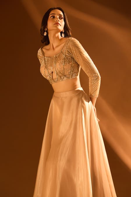 Buy Samyukta Singhania Off White Net, Satin Sequins, Beads, Cut Work Embroidered Circular Lehenga Set Online at Aza Fashions Buy_Samyukta Singhania_Off White Net, Satin Sequins, Beads, Cut Work Embroidered Circular Lehenga Set _Online_at_Aza_Fashions