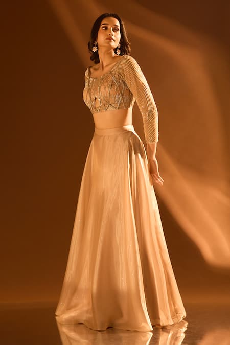 Shop Samyukta Singhania Off White Net, Satin Sequins, Beads, Cut Work Embroidered Circular Lehenga Set Online at Aza Fashions Shop_Samyukta Singhania_Off White Net, Satin Sequins, Beads, Cut Work Embroidered Circular Lehenga Set _Online_at_Aza_Fashions