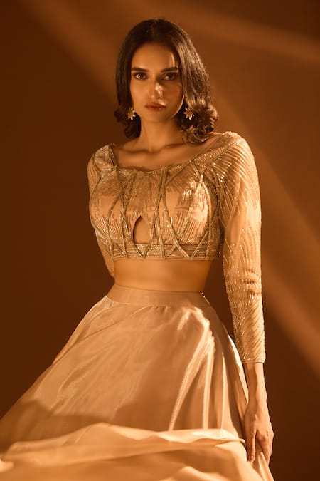 Buy Samyukta Singhania Off White Net, Satin Sequins, Beads, Cut Work Embroidered Circular Lehenga Set Buy_Samyukta Singhania_Off White Net, Satin Sequins, Beads, Cut Work Embroidered Circular Lehenga Set