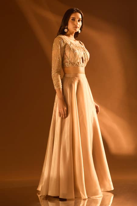 Shop Samyukta Singhania Off White Net, Satin Sequins, Beads, Cut Work Embroidered Circular Lehenga Set Shop_Samyukta Singhania_Off White Net, Satin Sequins, Beads, Cut Work Embroidered Circular Lehenga Set