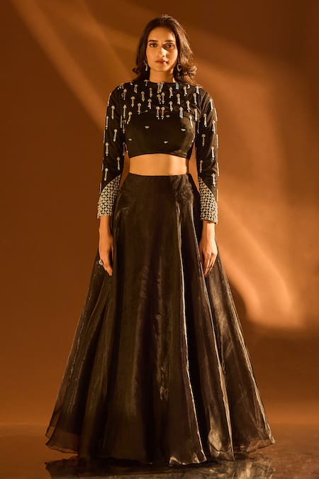 Samyukta Singhania_Black Linen Beads Sweetheart Neck Embroidered Cape Lehenga Set _at_Aza_Fashions