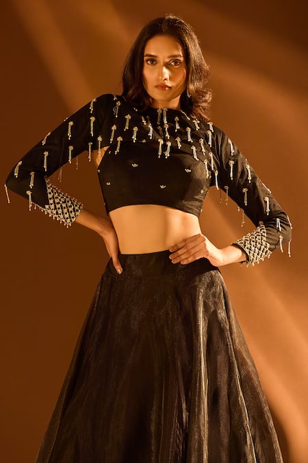 Shop_Samyukta Singhania_Black Linen Beads Sweetheart Neck Embroidered Cape Lehenga Set 
