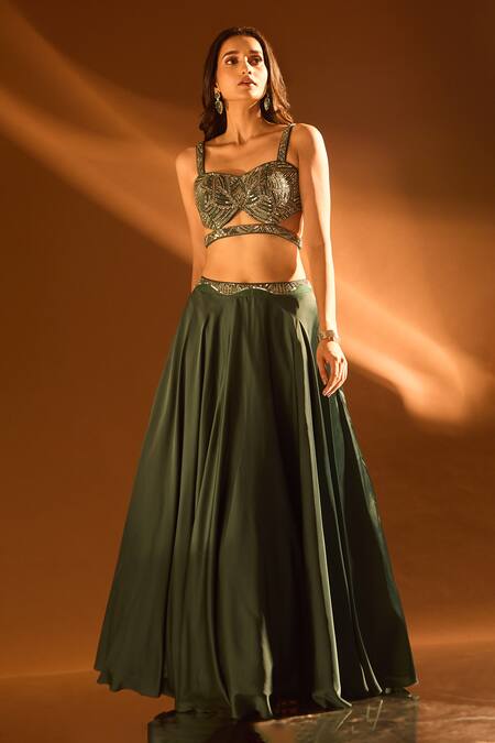 Shop_Samyukta Singhania_Blue Net, Satin Sequins, Cut Work Embroidered Cutout Blouse And Lehenga Set _at_Aza_Fashions