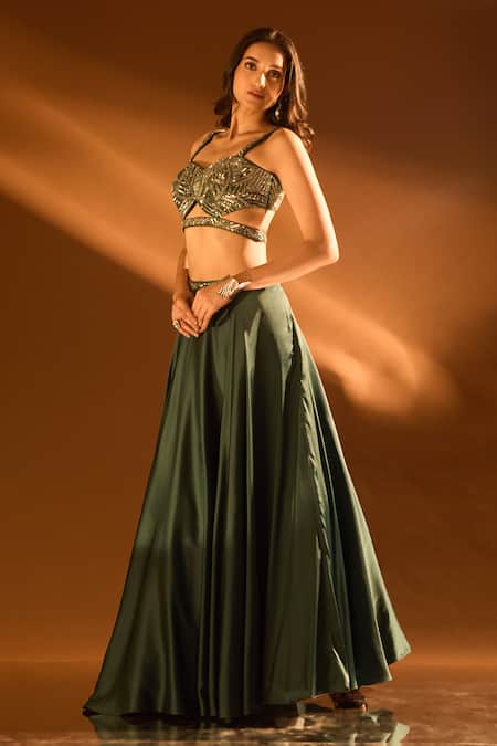 Buy_Samyukta Singhania_Blue Net, Satin Sequins, Cut Work Embroidered Cutout Blouse And Lehenga Set _Online_at_Aza_Fashions
