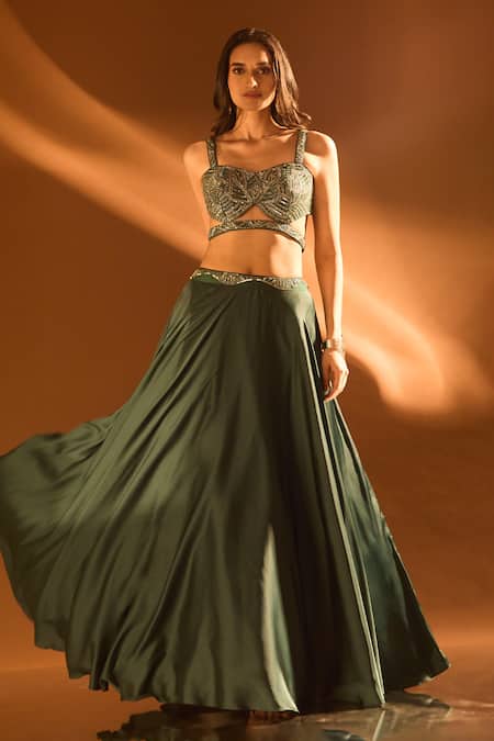 Samyukta Singhania_Blue Net, Satin Sequins, Cut Work Embroidered Cutout Blouse And Lehenga Set _at_Aza_Fashions