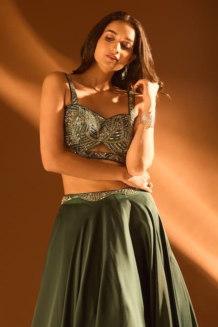 Buy_Samyukta Singhania_Blue Net, Satin Sequins, Cut Work Embroidered Cutout Blouse And Lehenga Set 