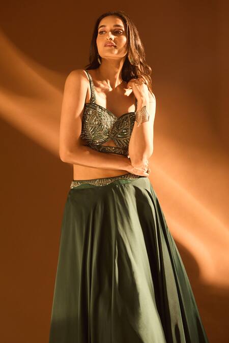 Shop_Samyukta Singhania_Blue Net, Satin Sequins, Cut Work Embroidered Cutout Blouse And Lehenga Set 