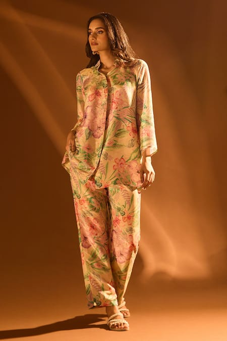 Buy Samyukta Singhania Peach Tissue Sequins, Embroidery Collared, Floral Pattern Shirt And Pant Set Online at Aza Fashions Buy_Samyukta Singhania_Peach Tissue Sequins, Embroidery Collared, Floral Pattern Shirt And Pant Set _Online_at_Aza_Fashions
