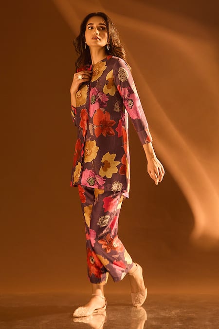 Buy_Samyukta Singhania_Purple Cotton Sequins Round Neck Floral Pattern Collared Kurta And Pant Set _Online_at_Aza_Fashions