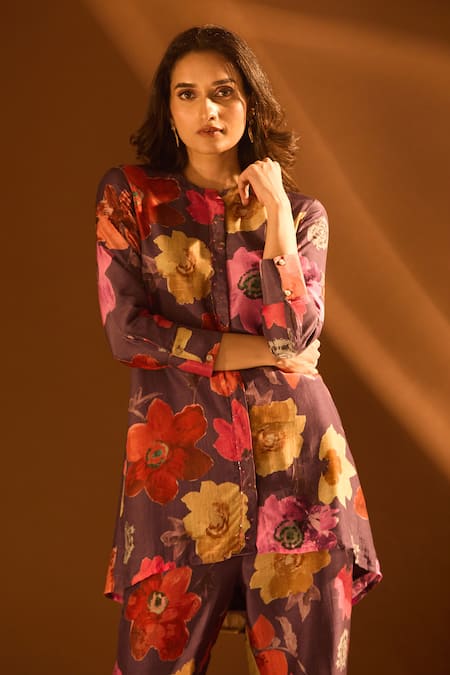 Shop_Samyukta Singhania_Purple Cotton Sequins Round Neck Floral Pattern Collared Kurta And Pant Set _Online_at_Aza_Fashions