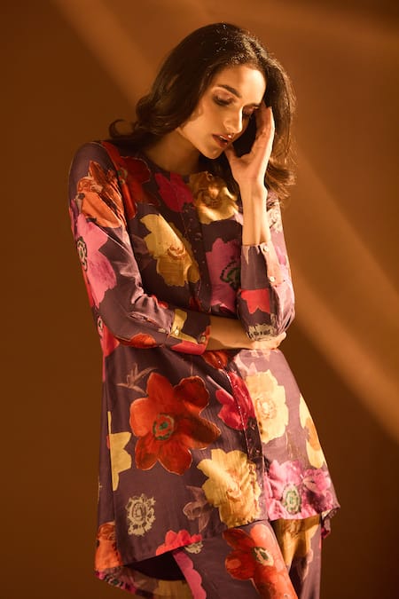 Buy_Samyukta Singhania_Purple Cotton Sequins Round Neck Floral Pattern Collared Kurta And Pant Set 