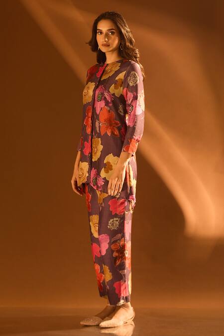 Shop_Samyukta Singhania_Purple Cotton Sequins Round Neck Floral Pattern Collared Kurta And Pant Set 