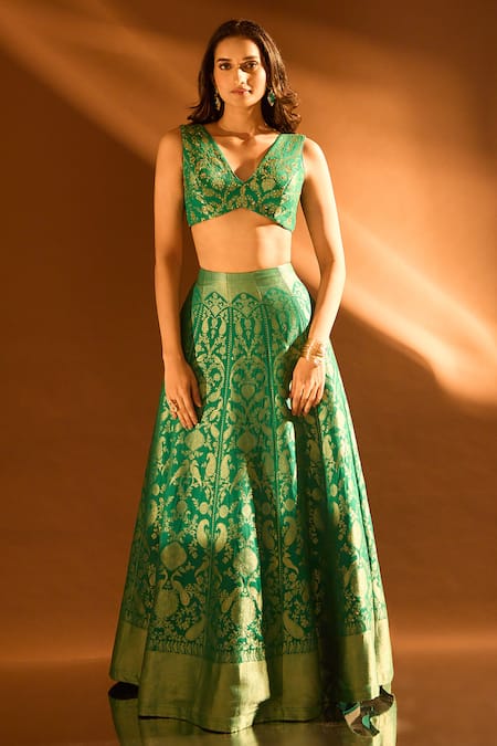 Shop Samyukta Singhania Blue Brocade, Silk Zari, Embroidery V-neck Banarasi Lehenga Set at Aza Fashions Shop_Samyukta Singhania_Blue Brocade, Silk Zari, Embroidery V-neck Banarasi Lehenga Set _at_Aza_Fashions