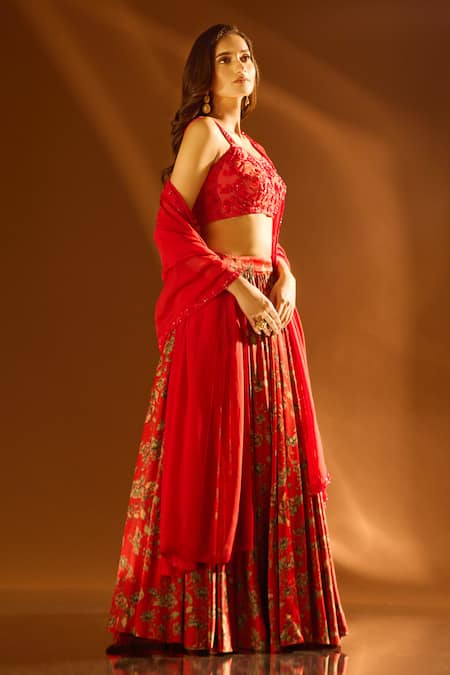 Shop_Samyukta Singhania_Red Net, Satin Embroidery, Cut Work Sweetheart Floral Print Pleated Lehenga Set _at_Aza_Fashions