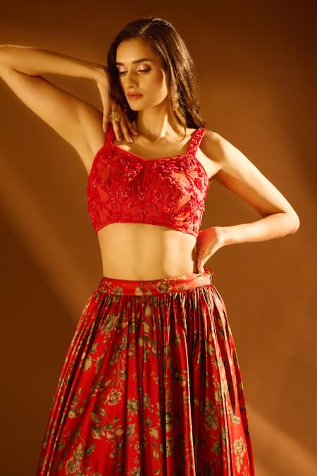 Buy_Samyukta Singhania_Red Net, Satin Embroidery, Cut Work Sweetheart Floral Print Pleated Lehenga Set _Online_at_Aza_Fashions