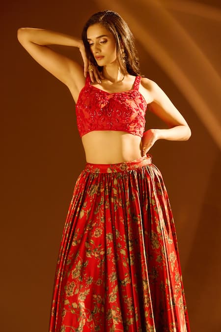 Shop_Samyukta Singhania_Red Net, Satin Embroidery, Cut Work Sweetheart Floral Print Pleated Lehenga Set _Online_at_Aza_Fashions