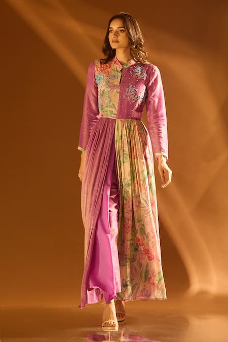 Samyukta Singhania_Purple Tissue, Shantoon Sequins Round Floral Embroidered Anarkali And Pant Set _Online_at_Aza_Fashions