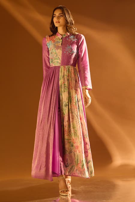 Buy_Samyukta Singhania_Purple Tissue, Shantoon Sequins Round Floral Embroidered Anarkali And Pant Set _Online_at_Aza_Fashions