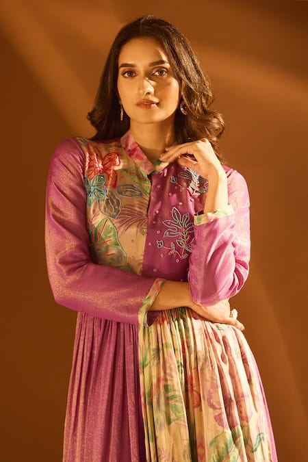 Samyukta Singhania_Purple Tissue, Shantoon Sequins Round Floral Embroidered Anarkali And Pant Set _at_Aza_Fashions