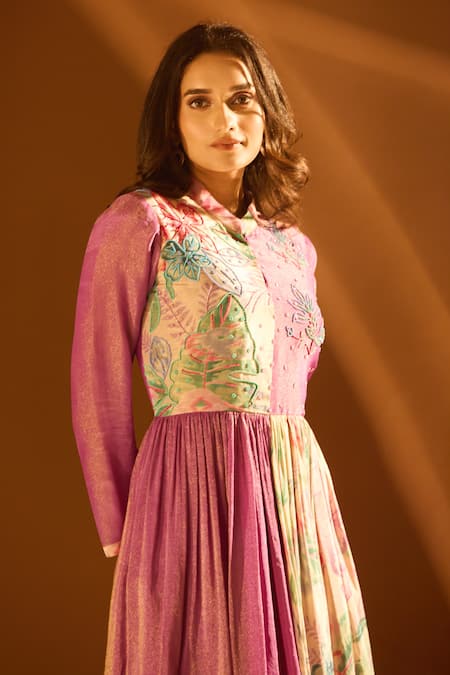 Buy_Samyukta Singhania_Purple Tissue, Shantoon Sequins Round Floral Embroidered Anarkali And Pant Set 