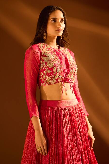 Samyukta Singhania_Pink Tissue, Net Zari Round Neck Crush Lehenga Set _Online_at_Aza_Fashions