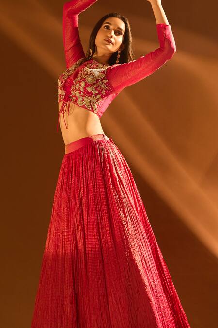 Shop_Samyukta Singhania_Pink Tissue, Net Zari Round Neck Crush Lehenga Set _Online_at_Aza_Fashions