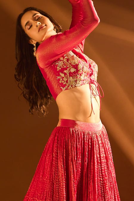 Shop_Samyukta Singhania_Pink Tissue, Net Zari Round Neck Crush Lehenga Set 