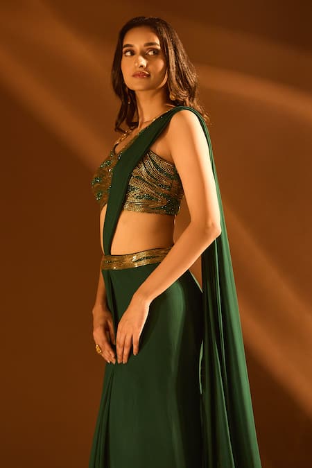 Shop Samyukta Singhania Green Net, Georgette Cut Work, Embroidery Waistline Pre-draped Saree With Blouse Online at Aza Fashions Shop_Samyukta Singhania_Green Net, Georgette Cut Work, Embroidery Waistline Pre-draped Saree With Blouse _Online_at_Aza_Fashions