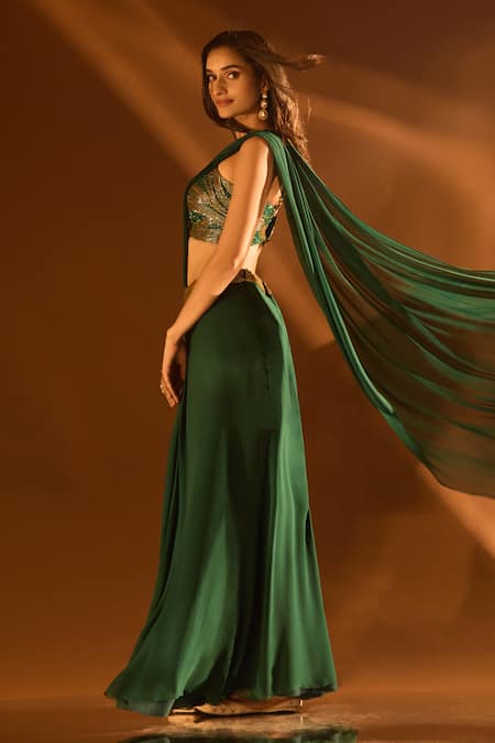Shop Samyukta Singhania Green Net, Georgette Cut Work, Embroidery Waistline Pre-draped Saree With Blouse Shop_Samyukta Singhania_Green Net, Georgette Cut Work, Embroidery Waistline Pre-draped Saree With Blouse
