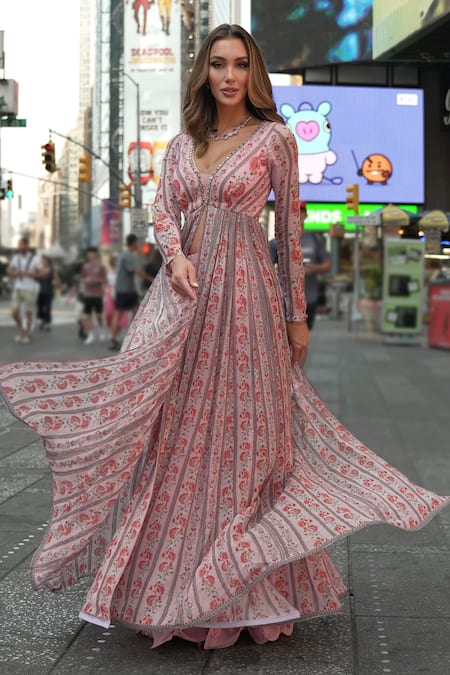 Buy_Archana Kochhar_Pink Georgette, Net Embroidery, Sequins, Floral Bloom Print Anarkali Palazzo Set _Online_at_Aza_Fashions