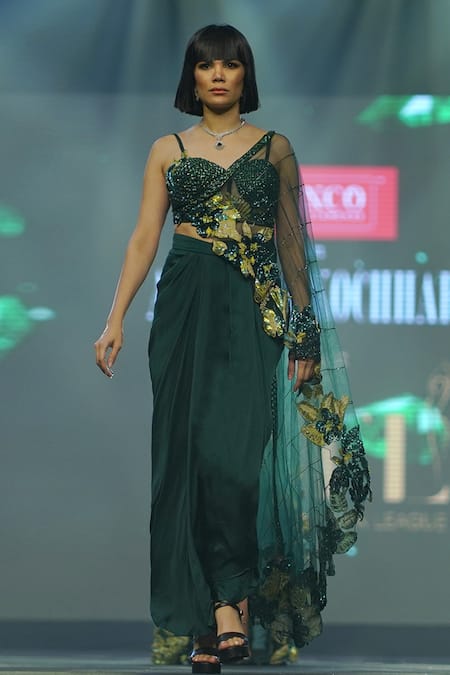 Archana Kochhar Green Silk Dhoti Skirt Embellished Floral The Forest Draped Blouse With 