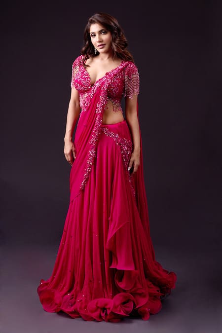 Archana Kochhar Pink Pre-draped Saree Georgette Embroidery Floral Lehenga With Blouse 