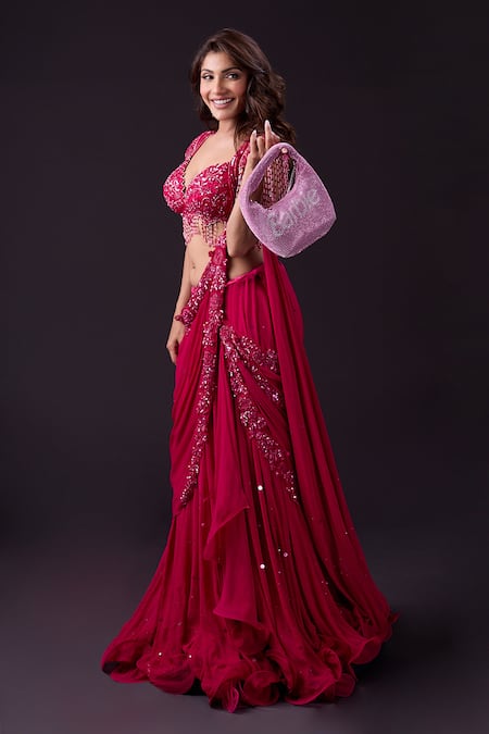 Buy Archana Kochhar Pink Silk, Georgette Pre-draped Lehenga Saree With Floral Embroidered Blouse Online at Aza Fashions Buy_Archana Kochhar_Pink Silk, Georgette Pre-draped Lehenga Saree With Floral Embroidered Blouse _Online_at_Aza_Fashions
