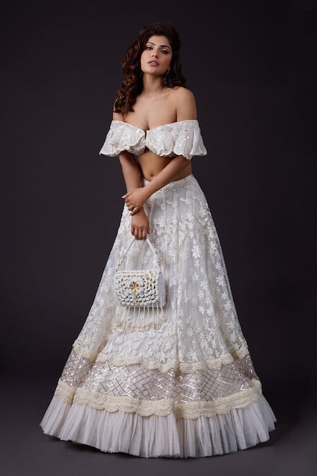 Archana Kochhar_Ivory Net Pearls, Embroidery Asymmetric Floral Lehenga Set _Online_at_Aza_Fashions