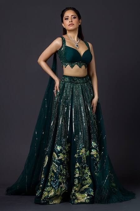 Shop Archana Kochhar Green Silk, Net Sequins, Embroidery, The Forest Embellished Lehenga With Blouse at Aza Fashions Shop_Archana Kochhar_Green Silk, Net Sequins, Embroidery, The Forest Embellished Lehenga With Blouse_at_Aza_Fashions