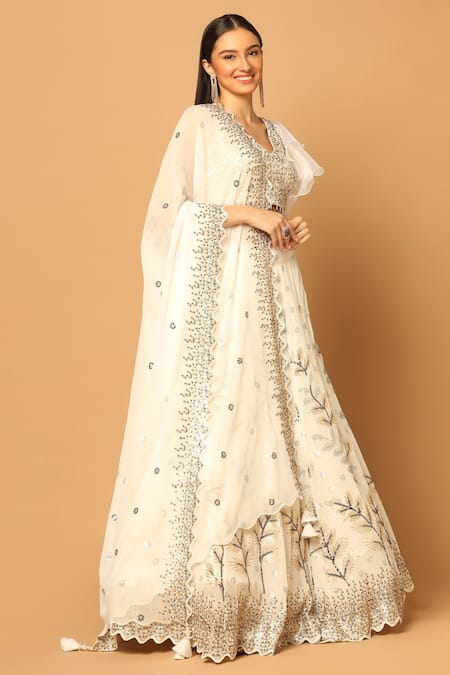 Two Sisters By Gyans White Georgette Beads, Sequins V-neck Garden Embroidered Lehenga Set at Aza Fashions Two Sisters By Gyans_White Georgette Beads, Sequins V-neck Garden Embroidered Lehenga Set _at_Aza_Fashions