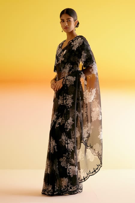 Amisha Kothari_Black Silk Organza Beads Parijat Floral Print Saree With Unstitched Blouse Piece _Online_at_Aza_Fashions