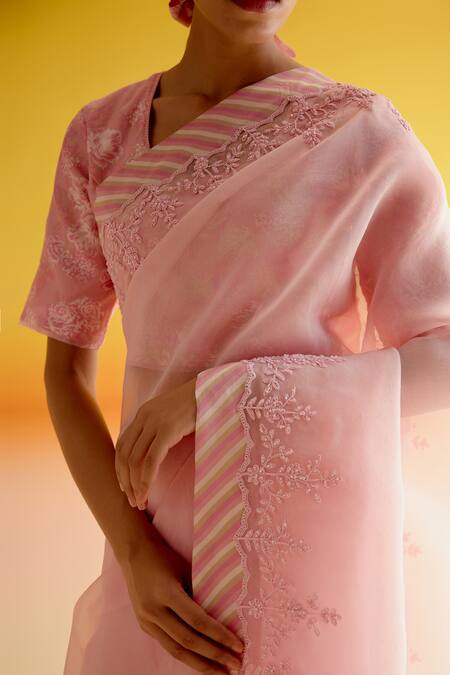 Buy_Amisha Kothari_Pink Silk, Shruti Candy Stripe Embroidered Saree With Unstitched Blouse Piece 