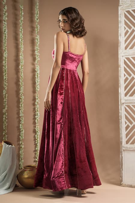 Shop_Ahi Clothing_Pink Velvet, Linen Mirrors, Zari Sweetheart Zardozi Hand Embroidered Anarkali _at_Aza_Fashions