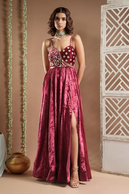 Ahi Clothing_Pink Velvet, Linen Mirrors, Zari Sweetheart Zardozi Hand Embroidered Anarkali _Online_at_Aza_Fashions