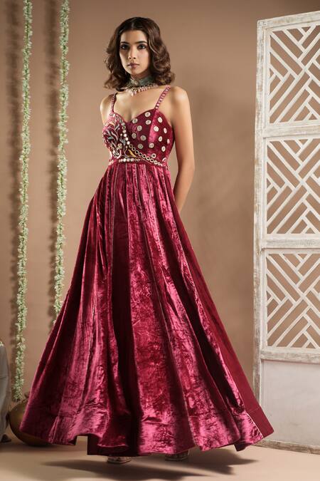 Buy_Ahi Clothing_Pink Velvet, Linen Mirrors, Zari Sweetheart Zardozi Hand Embroidered Anarkali _Online_at_Aza_Fashions