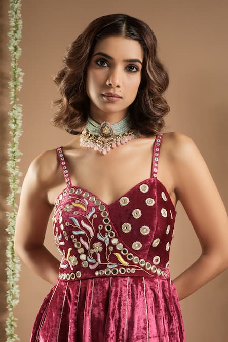 Shop_Ahi Clothing_Pink Velvet, Linen Mirrors, Zari Sweetheart Zardozi Hand Embroidered Anarkali _Online_at_Aza_Fashions